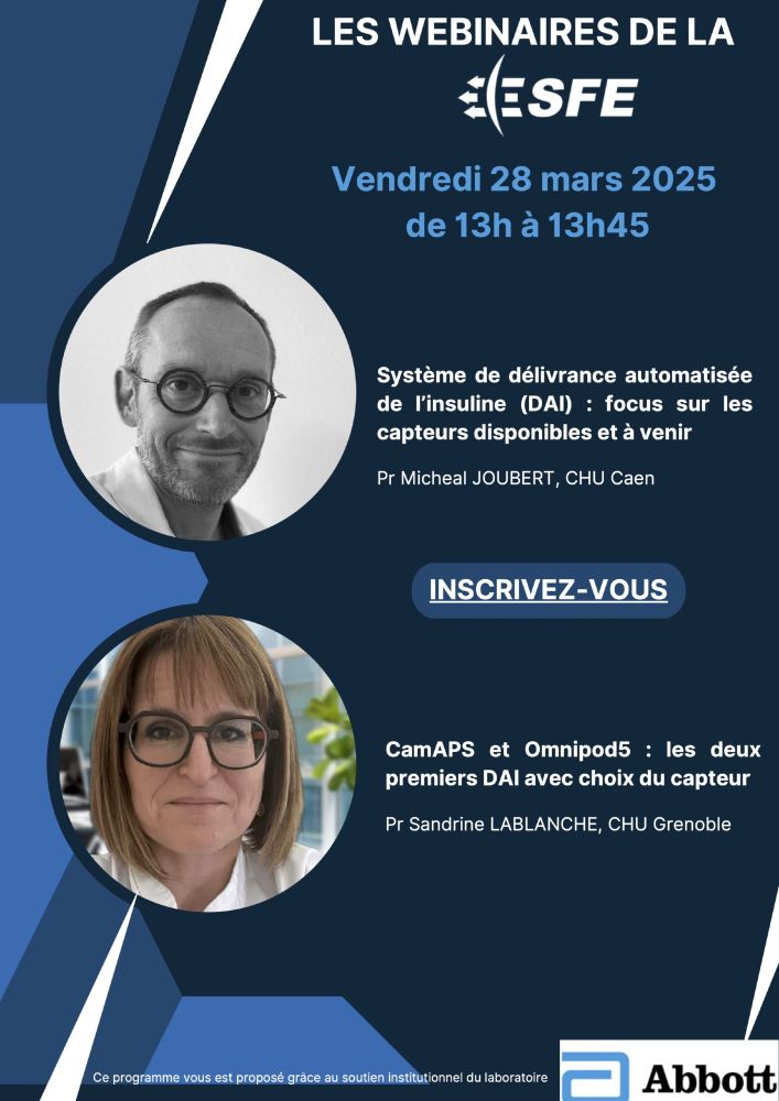 Affiche de webinaire sur les capteurs DAI vendredi 28 mars 2025 de 13h à 13h45 avec deux interventions (Pr Michael Joubert et Pr Sandrine Lablanche)
