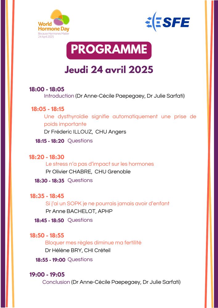 Affiche du programme du webinaire sur les idées reçues autour de la santé hormonale des femmes. Quatre interventions : dysthyroïdie et prise de poids, stress et hormones, SOPK et fertilité, bloquer les règles et fertilité
