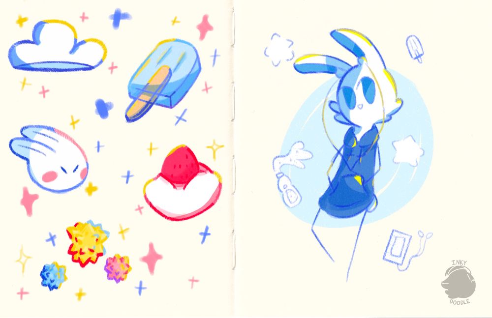 A sketchbook page depicting on the left: a cloud, a blue translucent popsicle, a small chibi bunny, a strawberry daifuku, and star bits. On the right an anthropomorphic bunny wearing a hoodie and earbuds stands