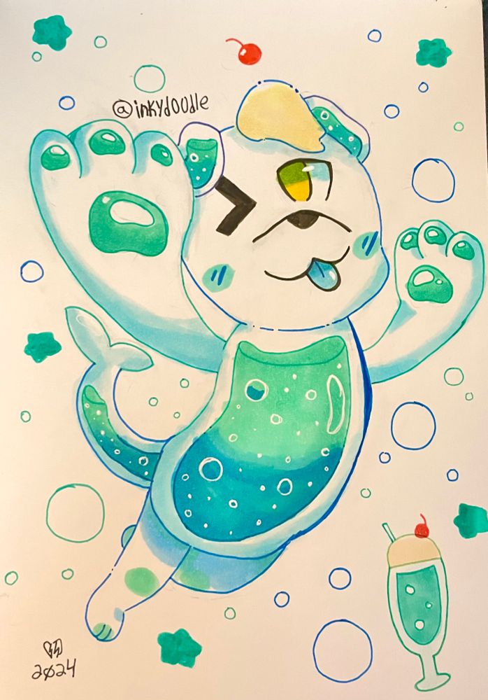 An anthropomorphic dog with ice cream on its head, soda in its body and a glass shark tail is holding its paws out to the viewer