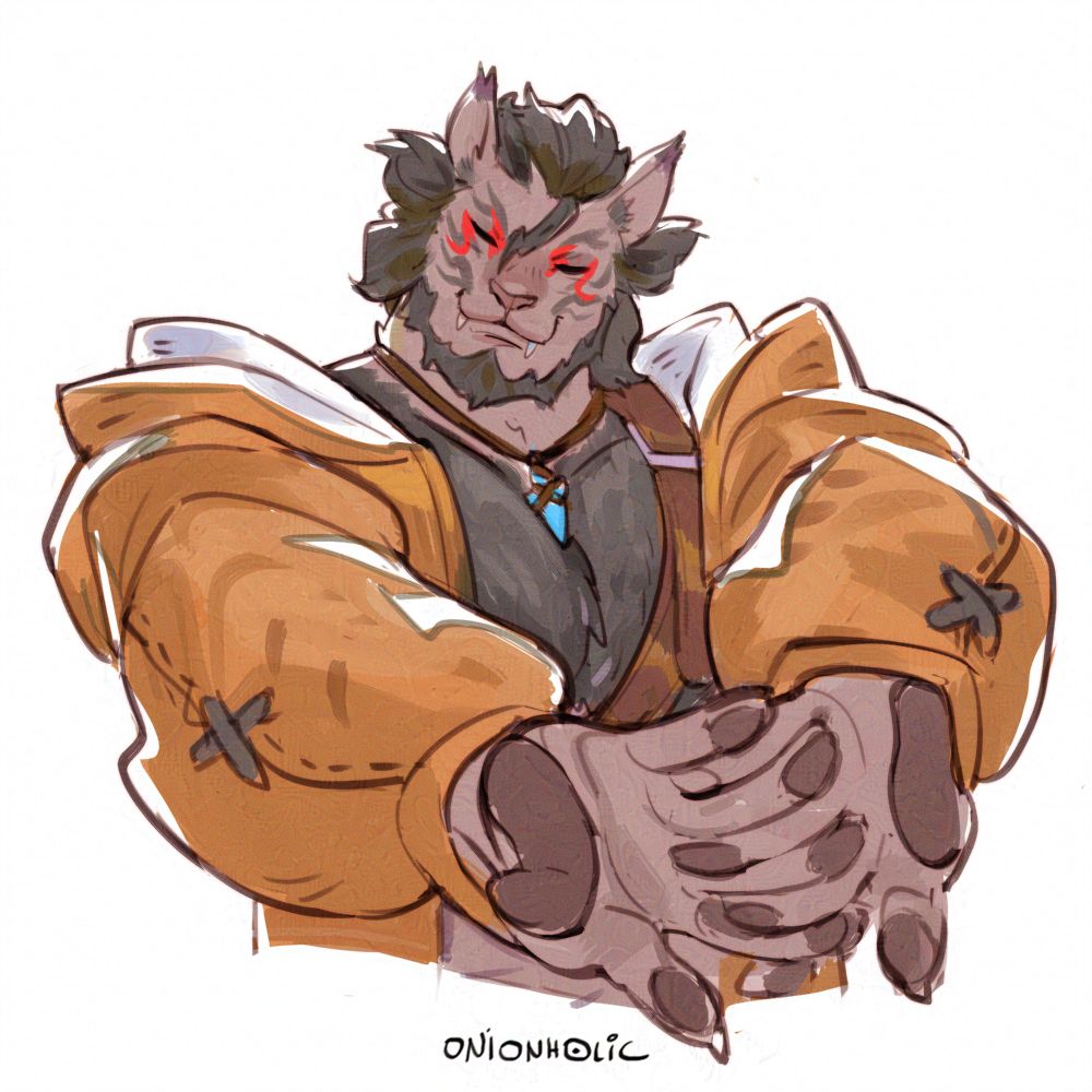 werewolf

Commission by Onion Holic, of a male Hrothgar in a brown, open chest, zipup hoodie. 