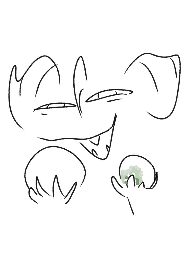 A white and black doodle of Wavefile, a Transformers OC, holding two fruits. One of them is large while the other one is smaller and visibly moldy.