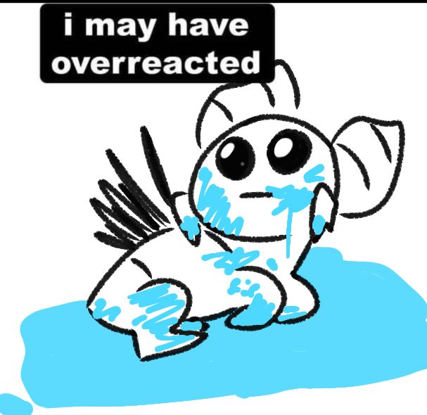 Wavefile, Transformers OC. Wavefile is depicted here as a small creature all curled up in a pool of blood. Wavefile is also covered in blood. Wavefile is staring upwards with big, shiny black eyes. The text reads "I may have overreacted".