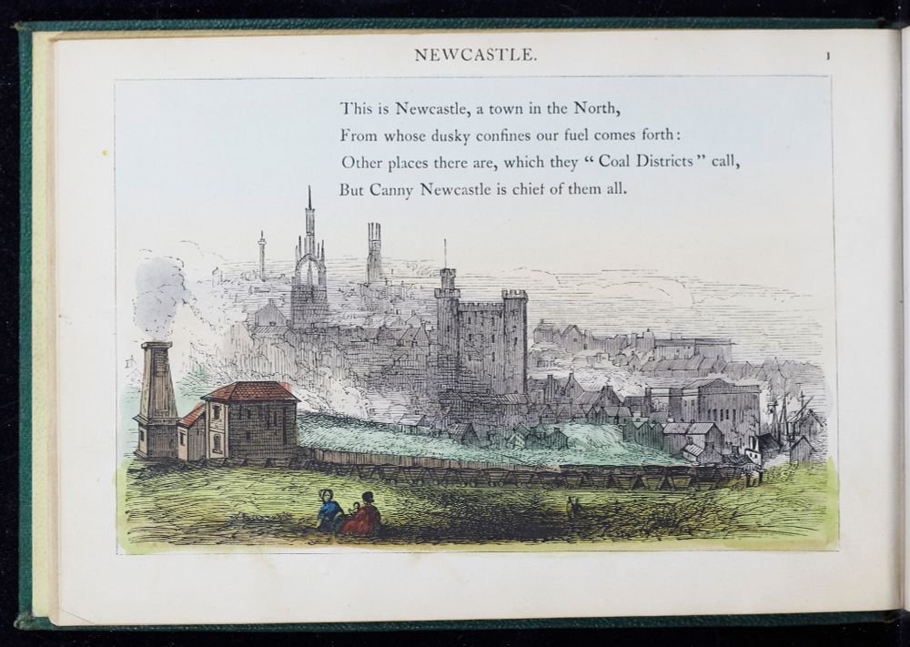Page showing an illustration of newcastle with some rhyming text above.