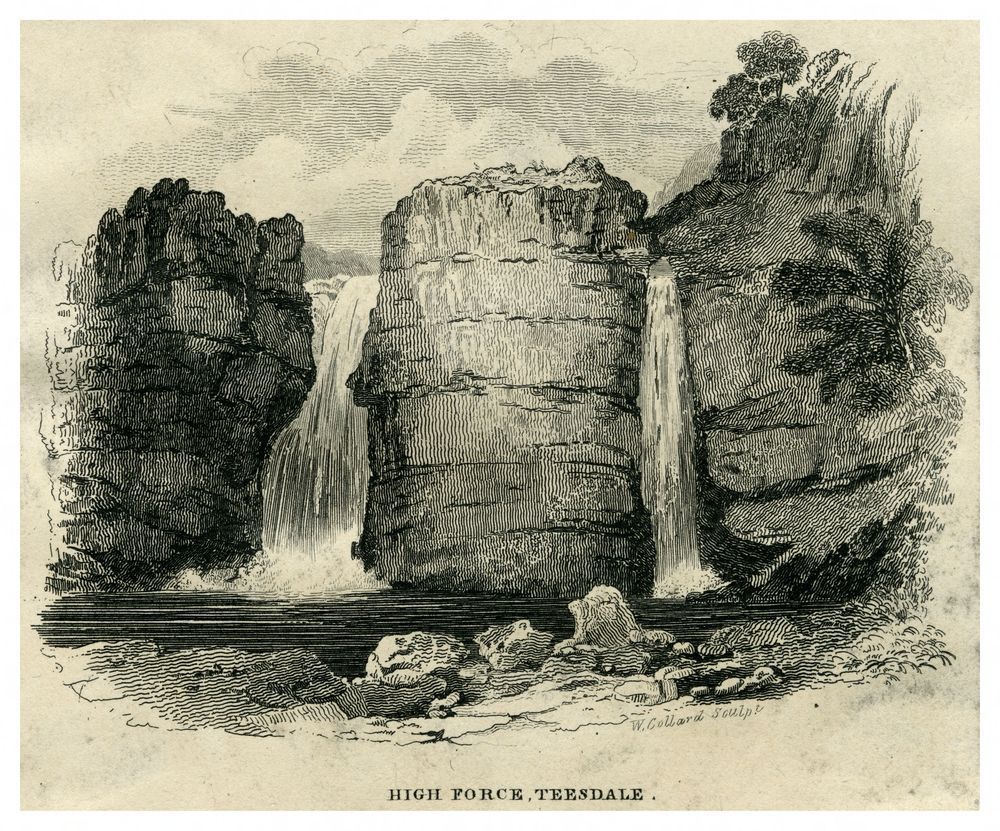 Black and white illustration of High Force in Teesdale.