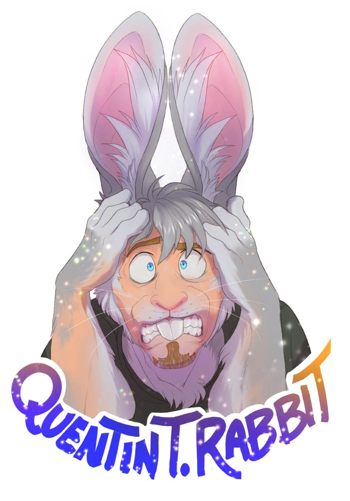 Upper half of my human self mostly transformed into a grey rabbit with up standing ears. Face mostly without fur. Rabbit buckteeth visible, nose flat like that of a rabbit already, whiskers sprout. Startled facial expression.
Grabs his long rabbit ears with his somewhat paw-like looking hands in shock.
Magic sparkles all over the transforming guy, indicating a magic spell doing its work.
Text "Quentin T. Rabbit" is written under the image in flashy colors.