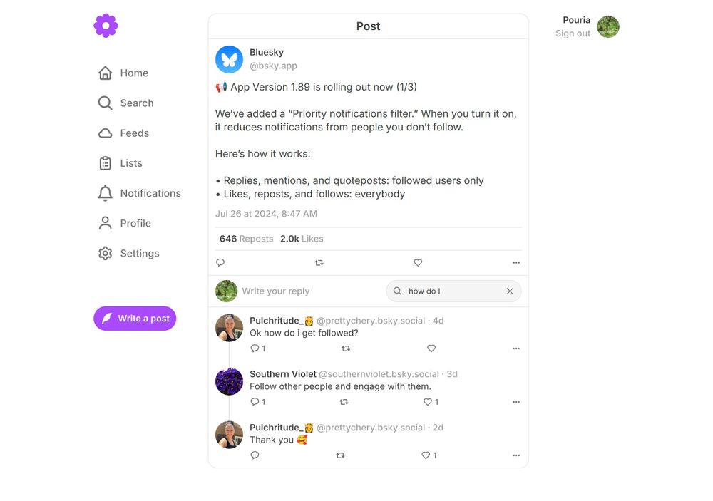 Screenshot of Ouranos showing the "Search replies" feature, where replies that contain the term "how do I" are shown.