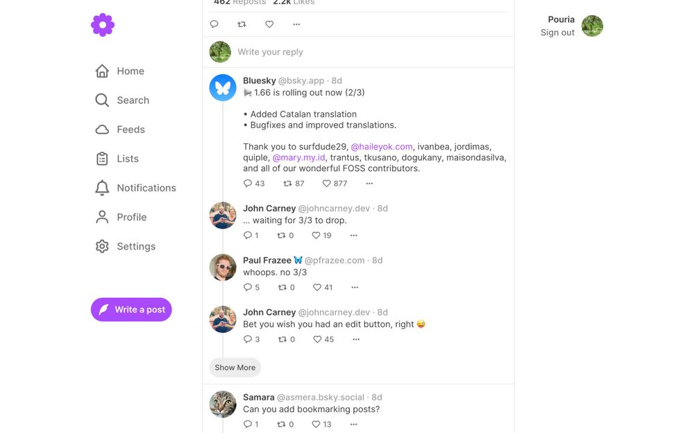 Screenshot of Ouranos showing the "show more" feature in threads.
