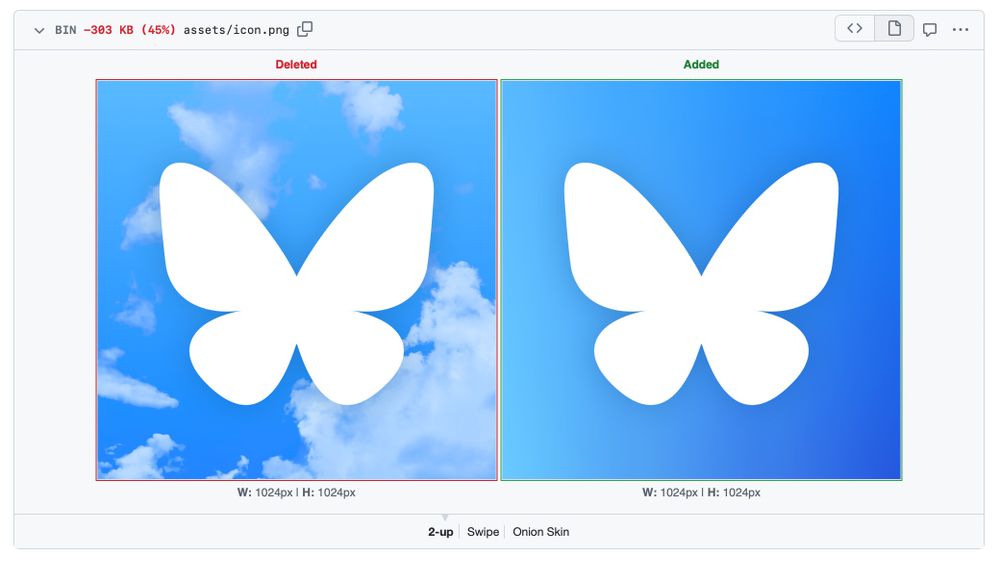 Screenshot of two variations of the new Bluesky icons. One of them has clouds in the background, the other (newer version) only has a blue gradient.