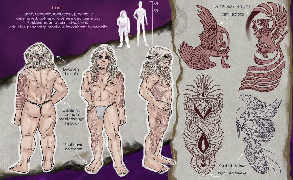 My Rook Balor Thorne with a turn around of his body without clothing as a visual reference. Alongside shows references of closeups of his tattoos. Also shows a height reference / size reference next to a 6ft human. 

Text says:

Traits
Caring, romantic, resourceful, pragmatic, determined, optimistic, open-minded, generous
Reckless, boastful, dismissive, blunt, addictive personality, rebellious, inconsistent, hyperbolic. 

