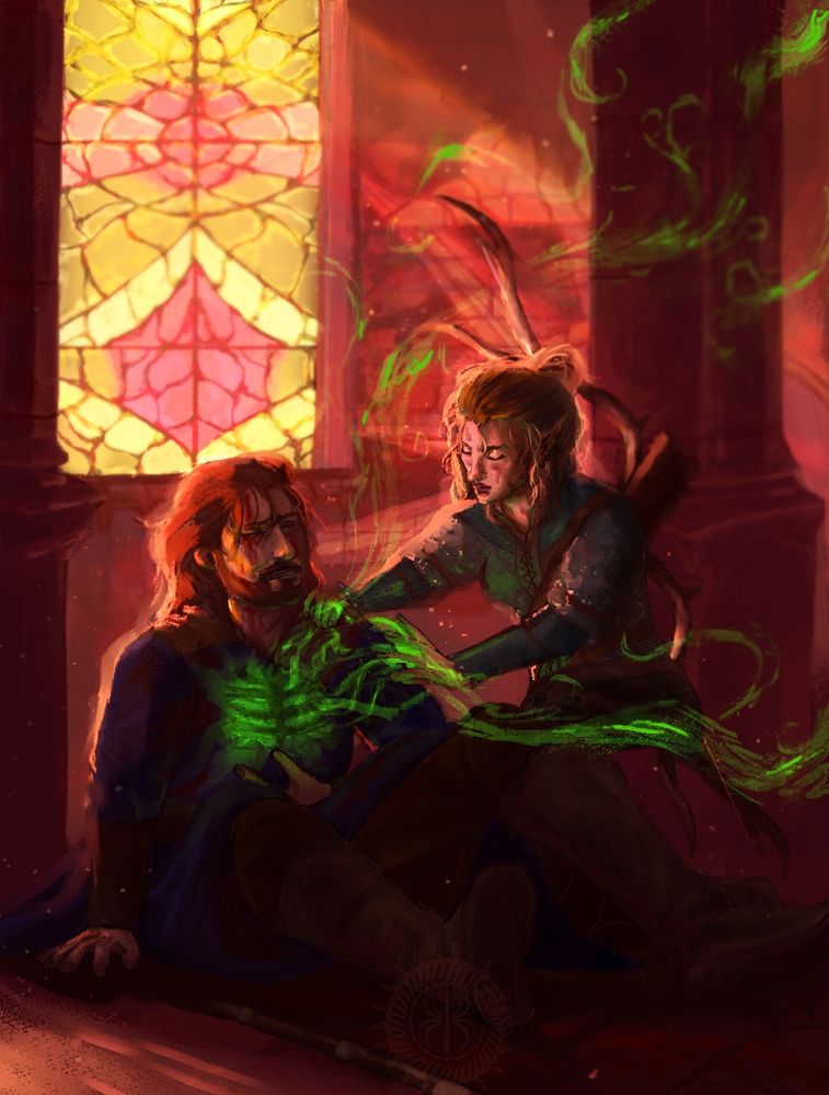 Gale and Helyne recover after a close battle in the Githyanki Creche / Rosymorn Monastery. 