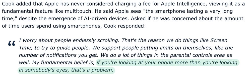 Tim Cook interview excerpt with a highlighted quote "if you're looking at your phone more than you're looking in somebody's eyes, that's a problem"