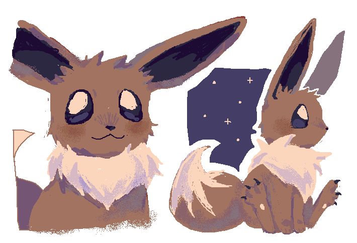 two MS paint drawings of eevee. it has blue eyes and is sitting in front of a simplified night sky background.
