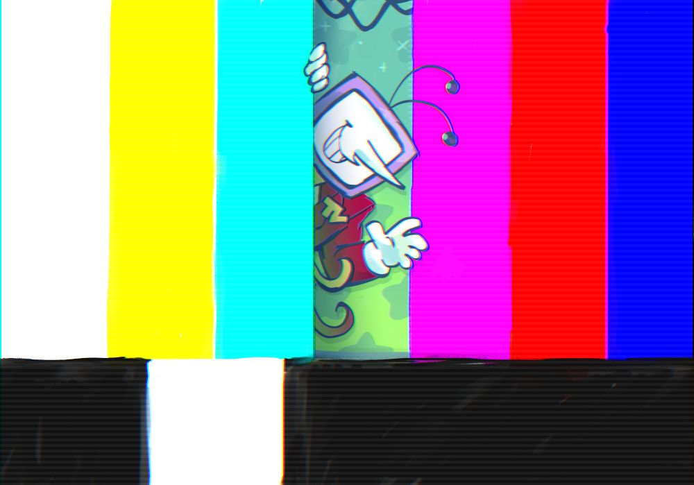 a set of television test pattern color bars, but the green bar has the starry background of the TV world green room. tenna peeks out from it and waves at the viewer with a grin