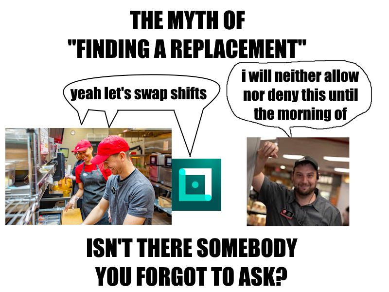 the myth of "finding a replacement"
employees: yeah sure let's swap shifts
ukg workforce: yeah sure let's swap shifts
manager: i will neither allow nor deny this until the morning of