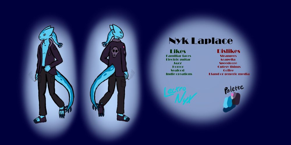 Blue eskan wearing grey cargo pants and a dark violet battlejacket. On the back is a skull, and on one of his arms is a pink triangle. He is also wearing sandals and no shirt.