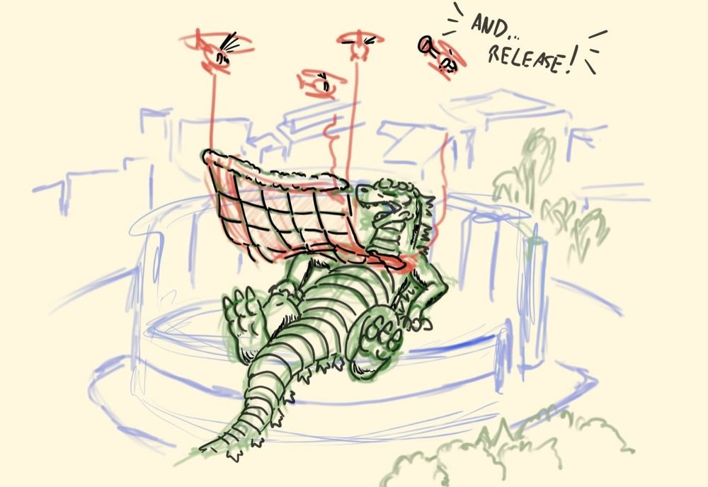 Helicopters are dropping a blanket on Godzilla who's sleeping in the Roman Colosseum