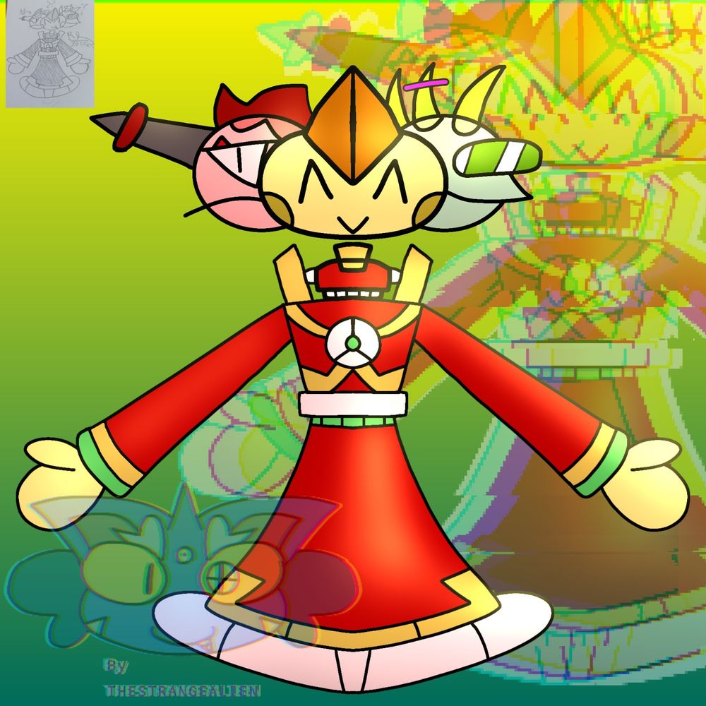 Info Trifoldon: 

Trifoldon is the three-faced entity with each face expressing a distinct emotion or personality. The names of his three faces are "Grumpion" (the grumpy one), "Bubblion" (the joyful and playful one), and "Goofilious" (the comical and light-hearted one). Together, these three faces combine to form Trifoldon, a complex character with multiple facets to his personality.