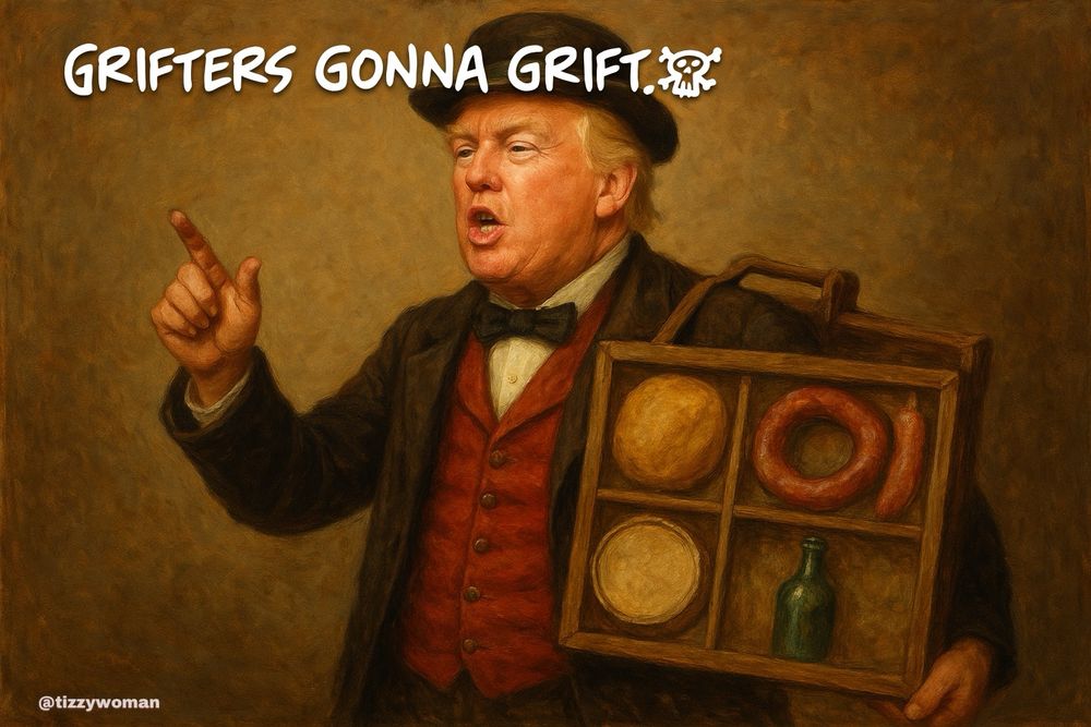 Trump as an old time salesman hawking his wares. Words: Grifters gonna grift