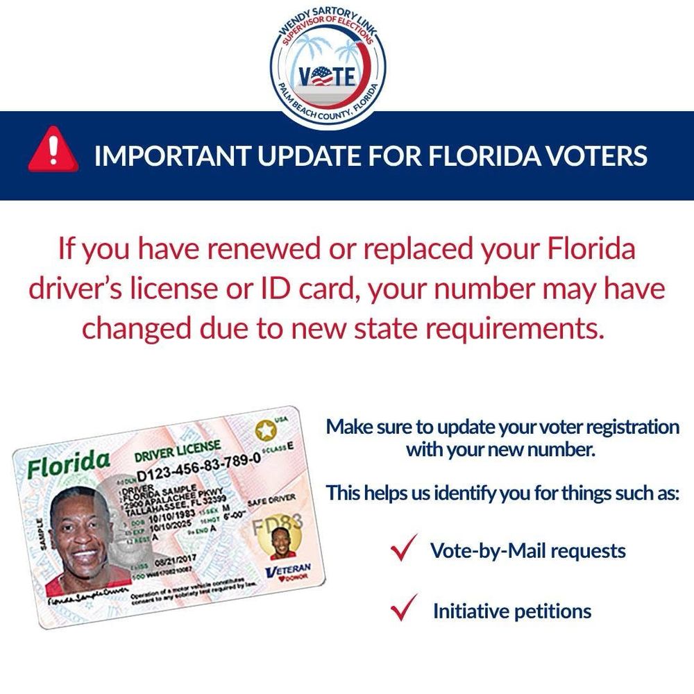 VOTE
IMPORTANT UPDATE FOR FLORIDA VOTERS
If you have renewed or replaced your Florida driver's license or ID card, your number may have changed due to new state requirements.
Florida
DRIVER LICENSE
+ D123-456-83-789-0 *UnE
SAFE ORIVER
мног 6-00-
biss 08/21/2017
PETERA
Make sure to update your voter registration with your new number.
This helps us identify you for things such as:
Vote-by-Mail requests
Initiative petitions