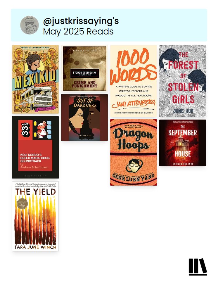 A StoryGraph graphic featuring the covers of all the books and audiobooks justkrissaying read in the month of May. In order, the books are: Mexikid by Pedro Martín, Crime and Punishment by Fyodor Dostoyevsky, 1000 Words by Jami Attenberg, The Forest of Stolen Girls by June Hur, Koji Kondo’s Super Mario Bros Soundtrack by Andrew Schartmann, Out of Darkness by Ashley Hope Pérez, Dragon Hoops by Gene Luen Yang, The September House by Carissa Orlando, and the Yield by Tara June Winch.