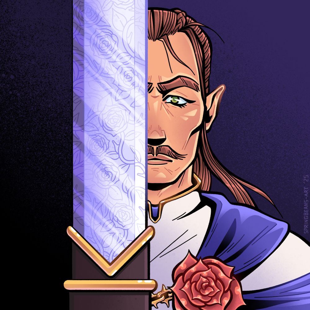 Digital illustration of an original character named Calian, an elf man with flowing brown hair, dressed in royal garb and holding up a broad sword vertically that covers half his face and shrouds the left side of the drawing in darkness behind it. He is tensely looking towards the viewer. A large red rose is pinning a capelet around his shoulders and rose flowers and thorny vines are reflected in the steel of the sword.