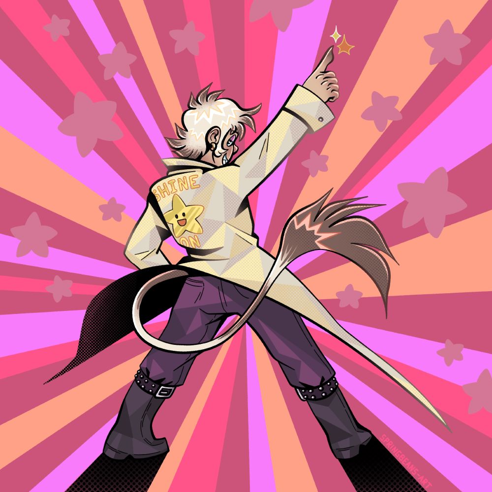 Digital illustration of a One Piece fan character Getapel Casio.  He is a devil fruit user, stuck in partial transformation of his mythical zoan type power, model troll specifically, which most notably gives him a long tufted tail and sharp claws. Casio is dressed in a lab coat, dark pants and knee high boots with studded belt straps.  He is striking a dramatic pose with his back to the viewer, looking over his shoulder and grinning as he points with his right hand to the sky and his coat flaps in the wind. The background is a burst of various pink and orange hues and scattered stars.