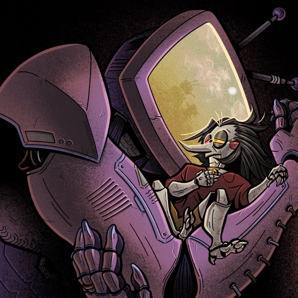 Digital illustration fan art of Tenna and Spamton from the video game Deltarune, post chapter 3. It’s a closeup view of them both cuddled at night, Tenna holding Spamton close to his screen kind of like a plushie. Spamton is awake but tired, leaning his face against Tenna’s screen with a wistful but content expression. His hair is unstyled and has gray streaks running through it. A wedding ring hanging from a string around his neck is resting on his chest and he’s clutching it with his right hand while his left tenderly rests against Tenna’s arm. Tenna is asleep but is dreaming, projecting his dream as a fuzzy and washed out image on his screen - what seems to be a sunny meadow with the two of them standing together in the sunlight. There’s a wedding ring on Tenna’s left hand.