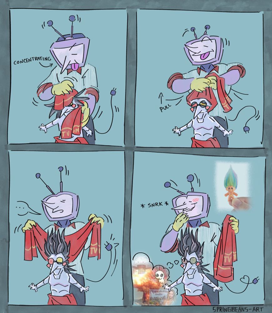Digital illustration fan art of Tenna and Spamton from Deltarune post chapter 3, continuing as a simple comic strip from the previous image. Spamton is now standing out of the tub with a towel wrapped around his middle and Tenna is behind him, drying him off with a second towel. Tenna seems to be distracted and overly concentrated on the task while Spamton seems to be zoning out comfortably. However, when Tenna pulls the towel up and off to dry Spamton’s hair, it remains standing up vertically which surprises both of them. The last panel shows Tenna trying to hide a chuckle as he compares Spamton to a trolls doll in his head, while Spamton is having an internal breakdown.