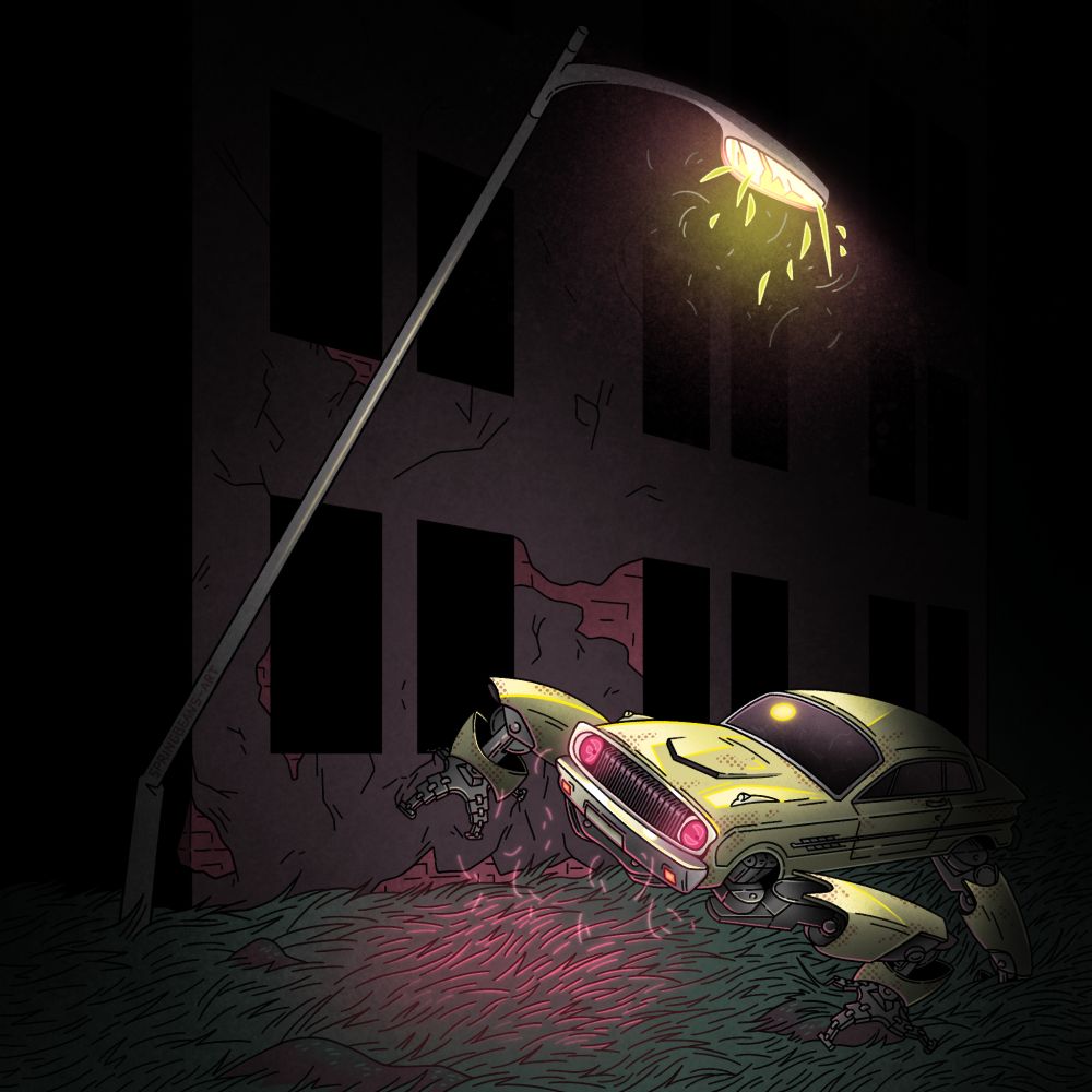 Digital illustration depicting an original character called WATSON, a sentient modified 1962 Ford Falcon Futura car with large mechanical claw arms instead of wheels, stalking around near an abandoned apartment building at night. The scene is only illuminated by a sparking street lamp and WATSON's glowing magenta head lamps.