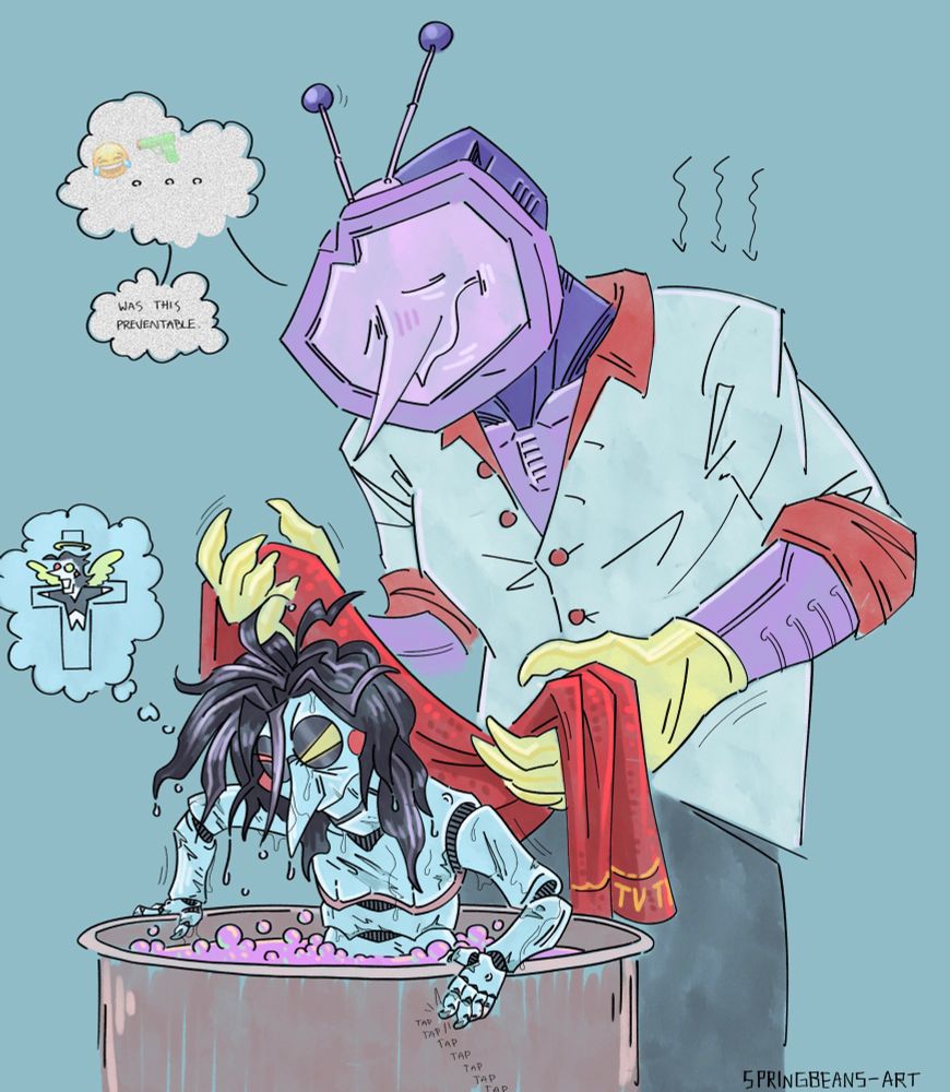 Digital illustration fan art of Tenna and Spamton from the video game Deltarune, post chapter 3. Spamton is extremely begrudgingly getting bathed in a big pot full of soapy pink water, looking like a miserable drowned rat with his hair soaked and going in all directions, his puppet body showing signs of various damage from decades of scratches and stains. He’s imagining himself crucified like a martyr, and a nervous tic is making him tap rythmically against the pot. Tenna is standing behind him holding up a towel, not quite sure how to proceed with the drying. He looks apprehensive and is trying to process all the damage that has been done to Spamton while they were apart. His thought bubbles are fuzzy static, and he’s wondering if this could have been prevented.