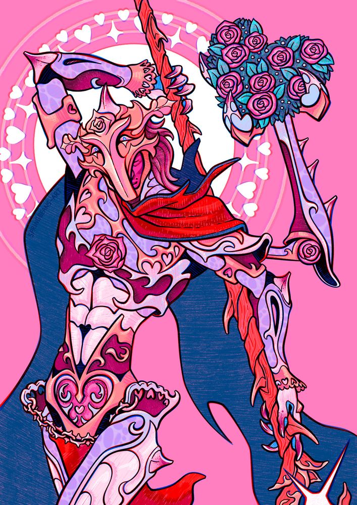 Digital drawing of Arcane Herald Viktor from the animated series Arcane. The look he has in the show has been redesigned to fit a Valentine's Day themed aesthetic with a pink - maroon - lavender color palette, rose and heart shaped details, gold ornaments and Jayce's blanket cape reversed so that the red cloth is on the outside and the dark blue cloth is on the inside. Viktor's staff has rose thorn and petal shapes, and in his hexclaw third arm he is holding a heart shaped rose bouquet. The background is light pink, and there is a white halo shape behind Viktor's head with heart and star shaped ornamentation.