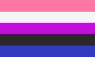 A series of pictures, the first of which is the genderfluid flag. The second is a mirror selfie of RJ in a black and red suit, their hair dyed dark and red and tied in a bun. The third is RJ with sunset colored hair, wearing black lipstick and cloud-shaped sunglasses. The last is RJ in pink lip gloss, a tank top and an off-shoulder hoodie.