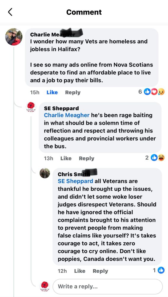 Snap shot of fb thread about Tim Houston and rememberance  day 