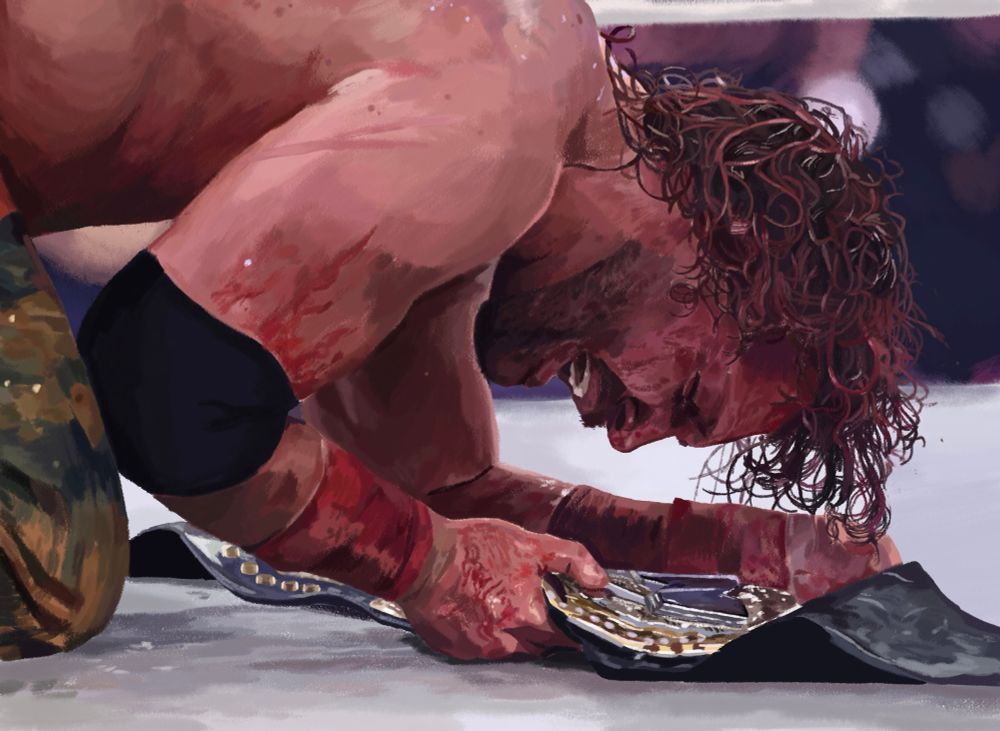 Artwork of ‘Hangman’ Adam Page holding the AEW Men’s World Championship 