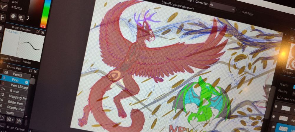 custom species work in progress featuring a red winged cat with antlers flying over a mountain scene