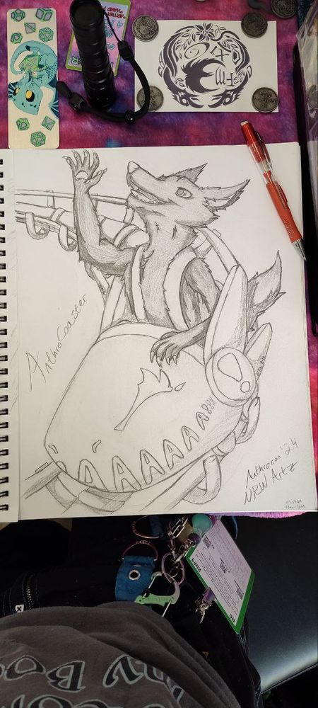 black wolf riding a rollercoster traditional drawing