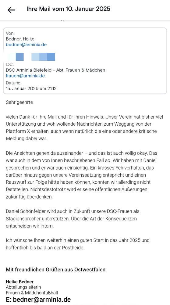 Screenshot der Reaktion der Frauen & Mädchen Abteilung des DSC mit der Erklärung, dass Meinungsverschiedenheiten okay seien und es sich nicht um ein Fehlverhalten handelt 