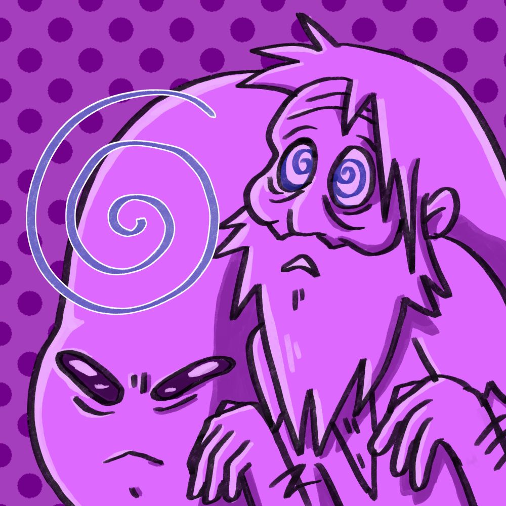 hollow and kamen from scavengers reign, coloured in light purple with a purple background. there is a blue spiral above hollow's forehead, which is mirrored in kamen's eyes, indicating that he's under a kind of hypnosis