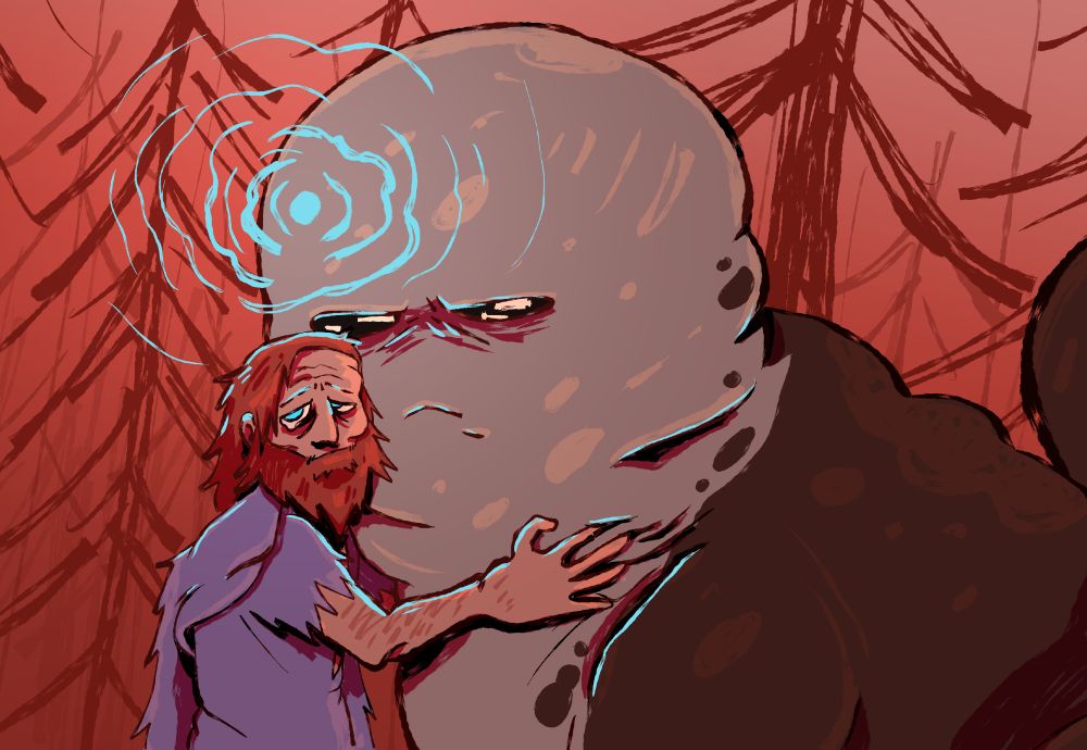 kamen from scavengers reign tearfully clutching onto a large hollow. hollow has an expression that looks like a frown, and blue ripples are above their head, indicating that they're using their telepathic powers. the background is red and simple trees are scribbled behind them