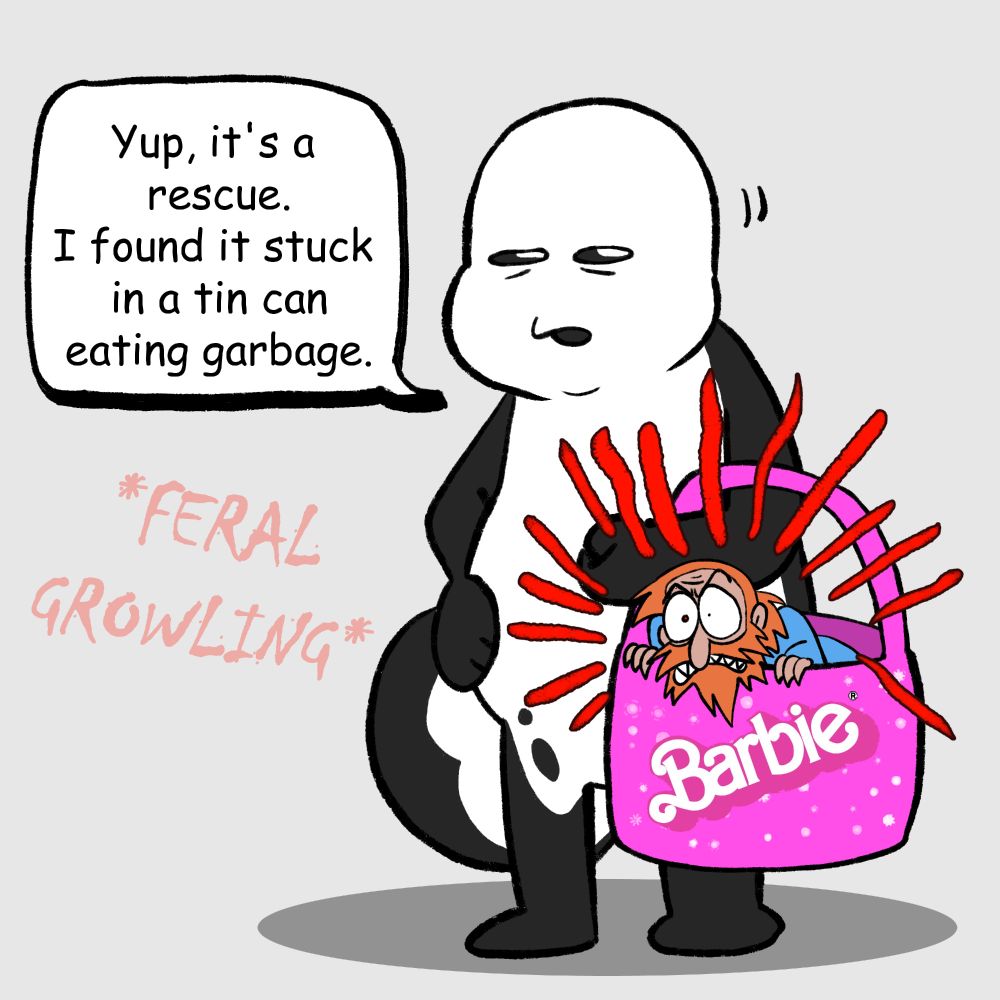 hollow holding a pink barbie handbag with kamen inside it. kamen looks feral and is growling. hollow is saying "yup, it's a rescue. i found it stuck in a tin can eating garbage"