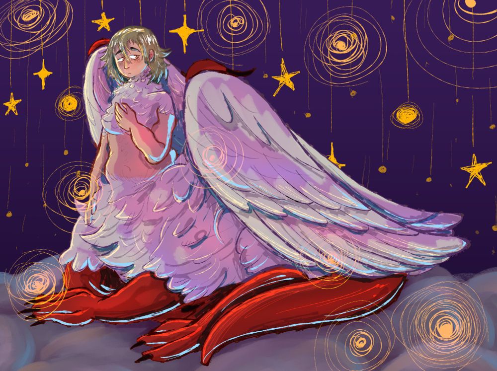 chimera falin from dungeon meshi, sitting on a cloud with stars all around her