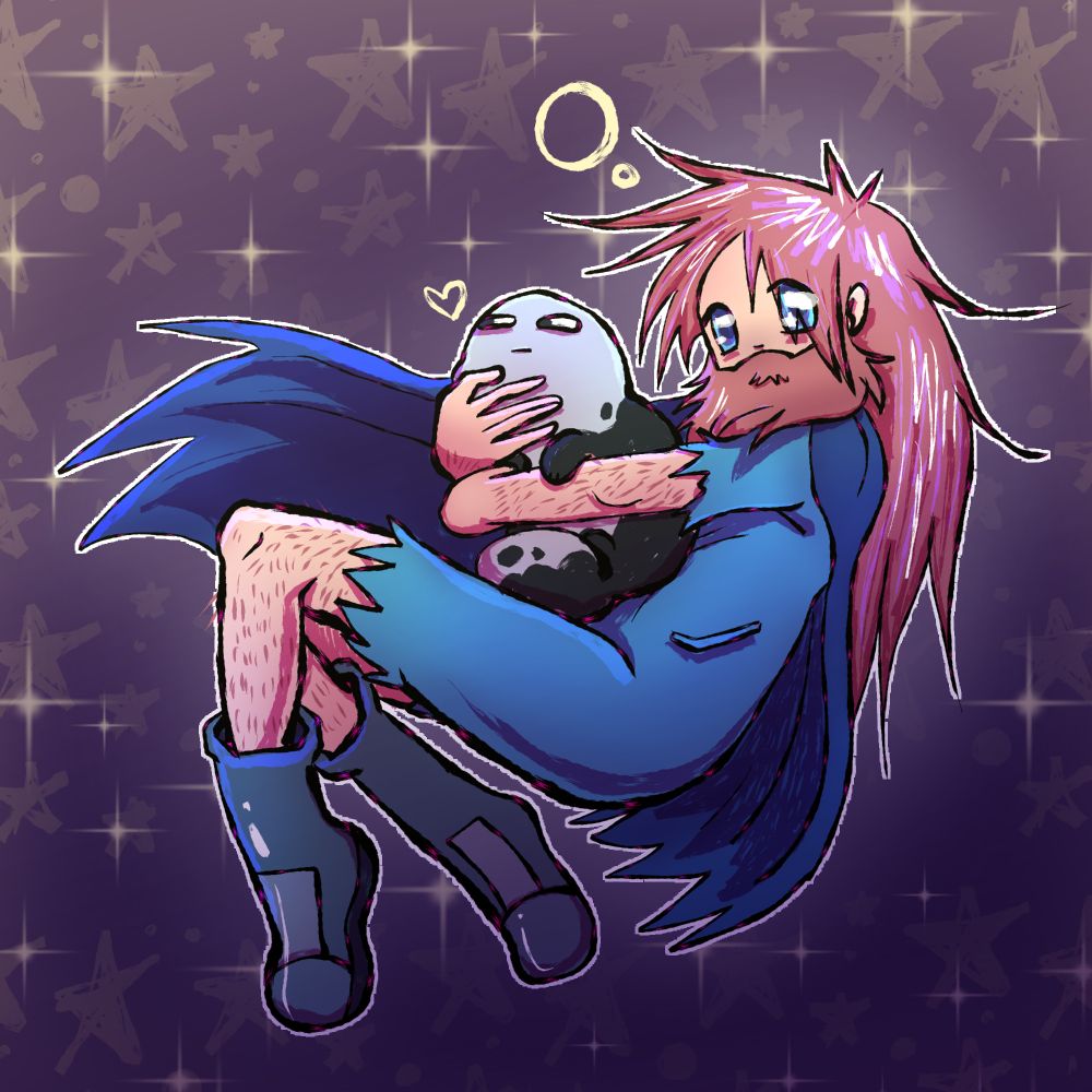 kamen from scavengers reign drawn in a bad anime art style. he's holding a small version of hollow in his arms and surrounded by sparkles