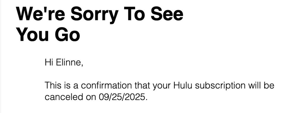 Confirmation email of Hulu subscription cancellation.