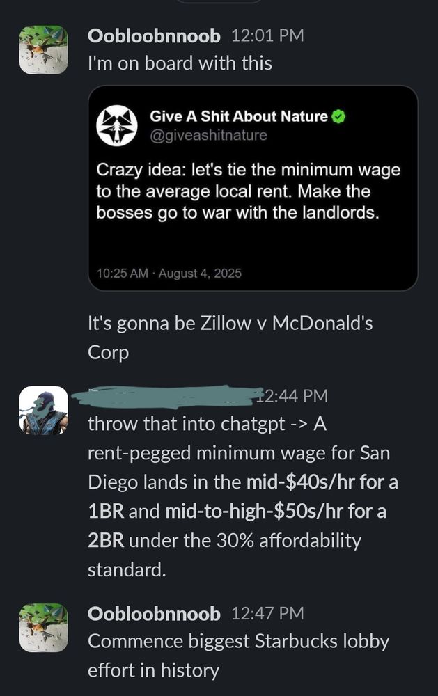 A Discord chat screenshot. First user (Oobloobnnoob, 12:01 PM): 