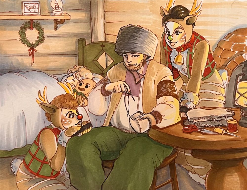 トナカイたちに小さな帽子を縫ってあげる髭のおじさんの絵
