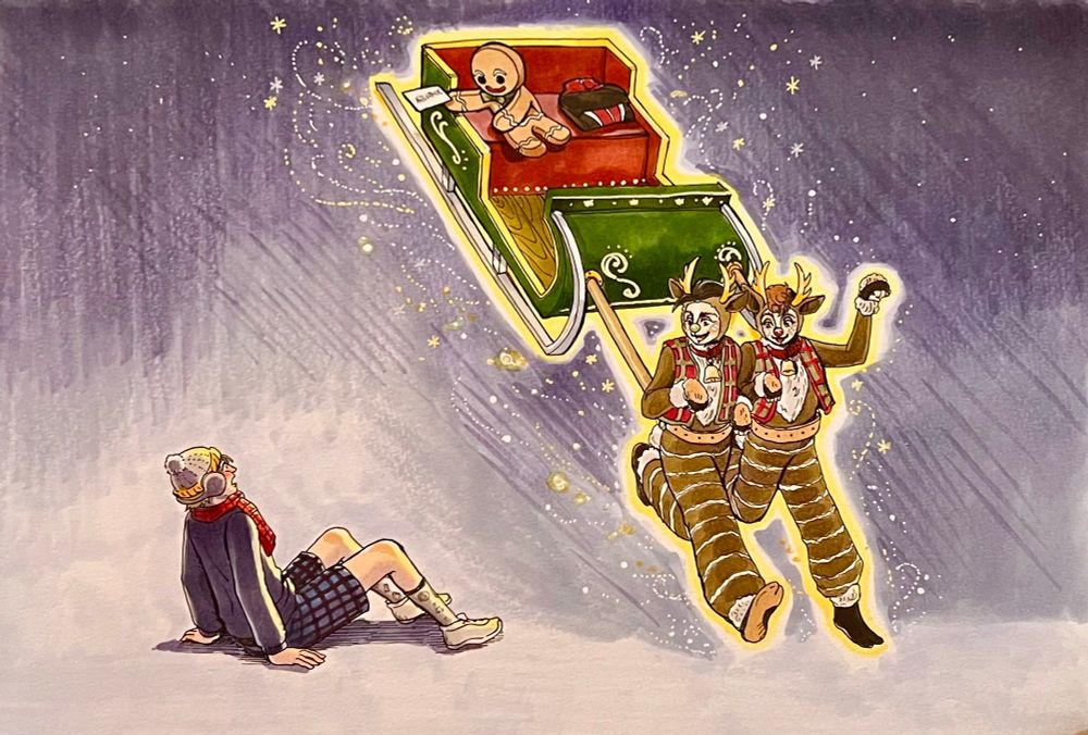 クリス、いってきマス！！！という舞台のイラスト。空から舞い降りてきたサンタのソリ、トナカイやクッキーの妖精に驚いて尻餅をつく少年の絵