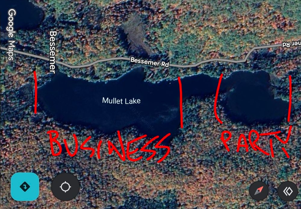 Screenshot of Google Maps satellite view of a lake in Ontario named Mullet Lake