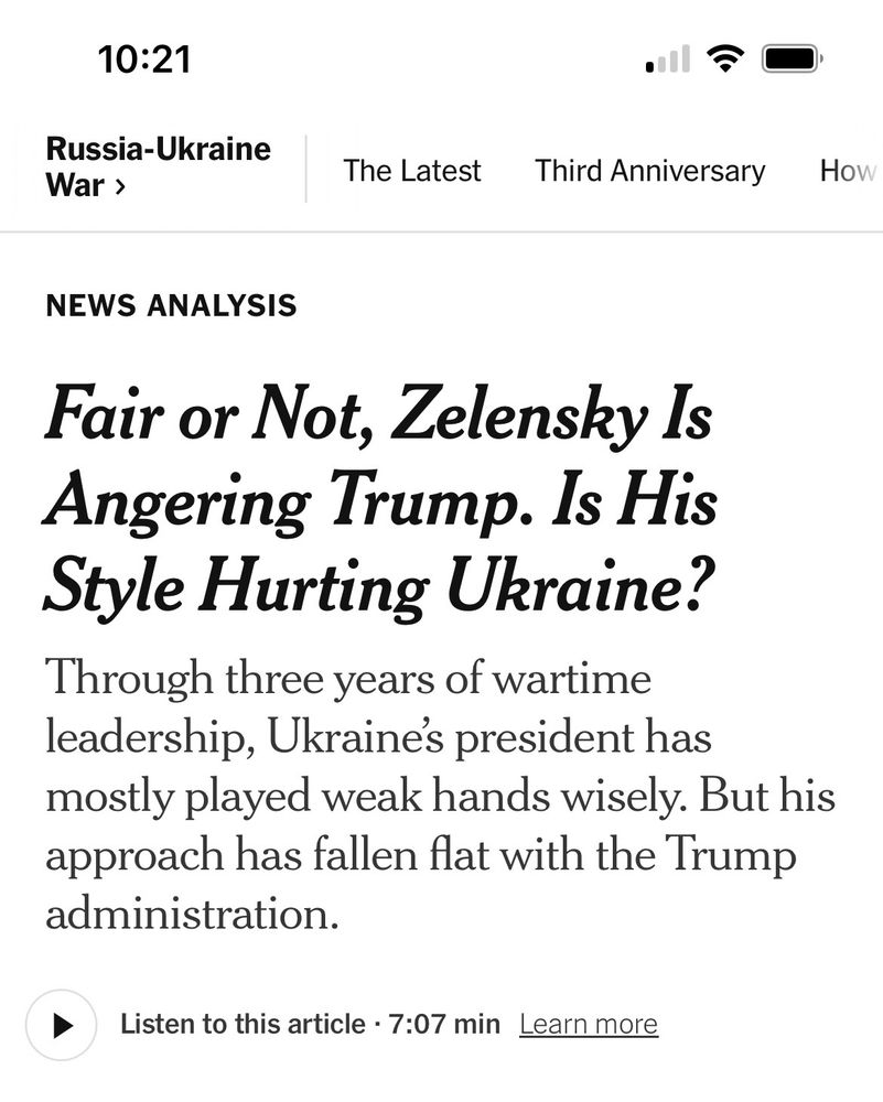 Screenshot of New York Times headline: Fair or Not, Zelensky is Angering Trump. Is His Style Hurting Ukraine? 
