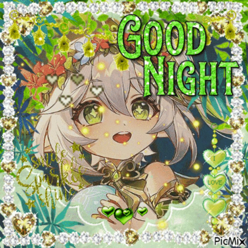 a picture of a girl with green eyes and the words good night